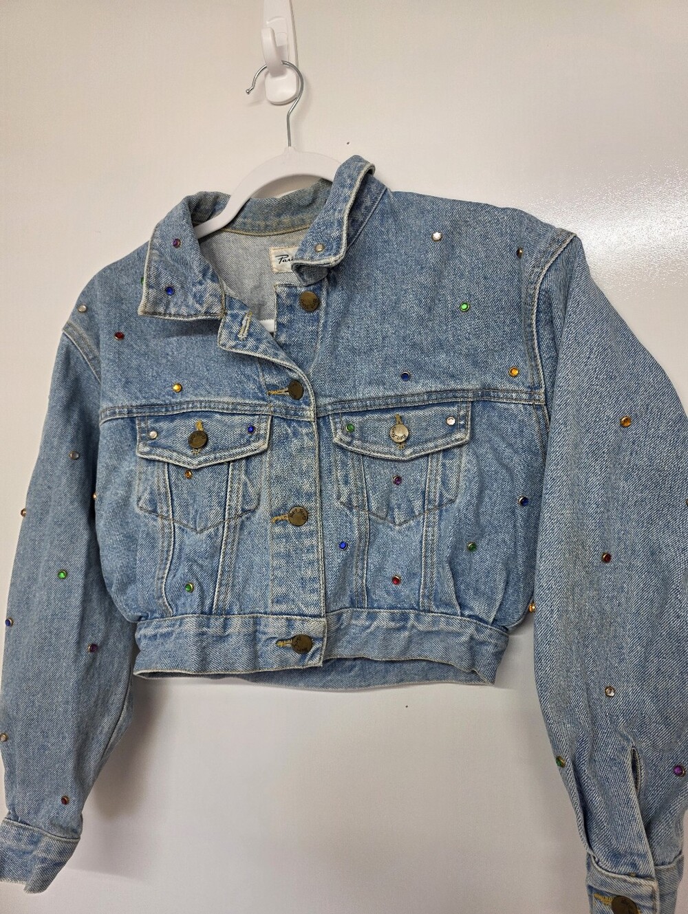 Paris Blues denim jacket colorful studded rhinestones bejeweled cropped fit S